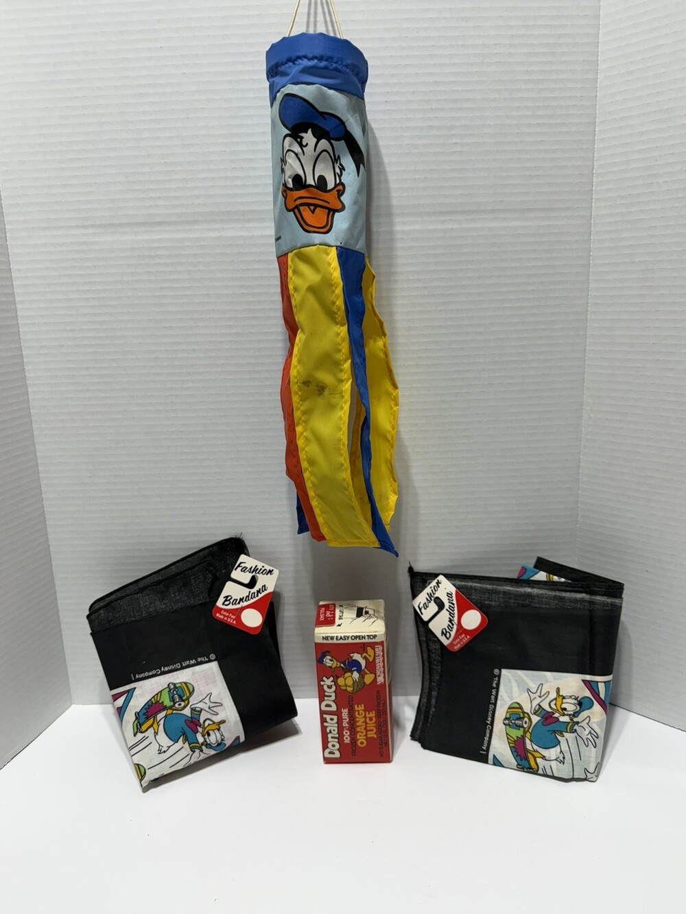 Vintage Walt Disney Donald Duck 2 new Bandanna, Windsock, empty juice box bundle